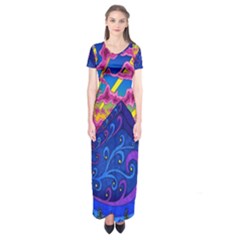 Blue And Purple Mountain Painting Psychedelic Colorful Lines Short Sleeve Maxi Dress by Bedest