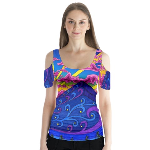 Blue And Purple Mountain Painting Psychedelic Colorful Lines Butterfly Sleeve Cutout T-shirt  by Bedest