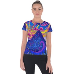 Blue And Purple Mountain Painting Psychedelic Colorful Lines Short Sleeve Sports Top  by Bedest