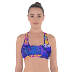 Blue And Purple Mountain Painting Psychedelic Colorful Lines Cross Back Sports Bra by Bedest