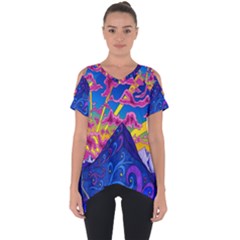 Blue And Purple Mountain Painting Psychedelic Colorful Lines Cut Out Side Drop T-shirt by Bedest