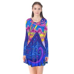 Blue And Purple Mountain Painting Psychedelic Colorful Lines Long Sleeve V-neck Flare Dress by Bedest