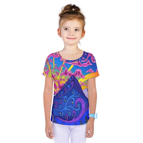 Blue And Purple Mountain Painting Psychedelic Colorful Lines Kids  One Piece T-shirt by Bedest