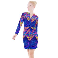 Blue And Purple Mountain Painting Psychedelic Colorful Lines Button Long Sleeve Dress by Bedest