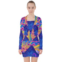 Blue And Purple Mountain Painting Psychedelic Colorful Lines V-neck Bodycon Long Sleeve Dress by Bedest