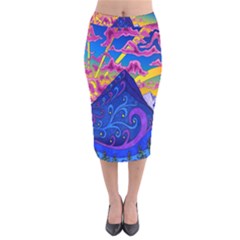 Blue And Purple Mountain Painting Psychedelic Colorful Lines Velvet Midi Pencil Skirt by Bedest