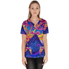 Blue And Purple Mountain Painting Psychedelic Colorful Lines Women s V-neck Scrub Top by Bedest