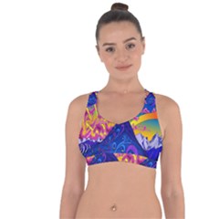 Blue And Purple Mountain Painting Psychedelic Colorful Lines Cross String Back Sports Bra by Bedest