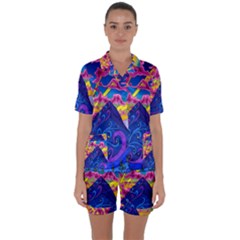 Blue And Purple Mountain Painting Psychedelic Colorful Lines Satin Short Sleeve Pajamas Set by Bedest