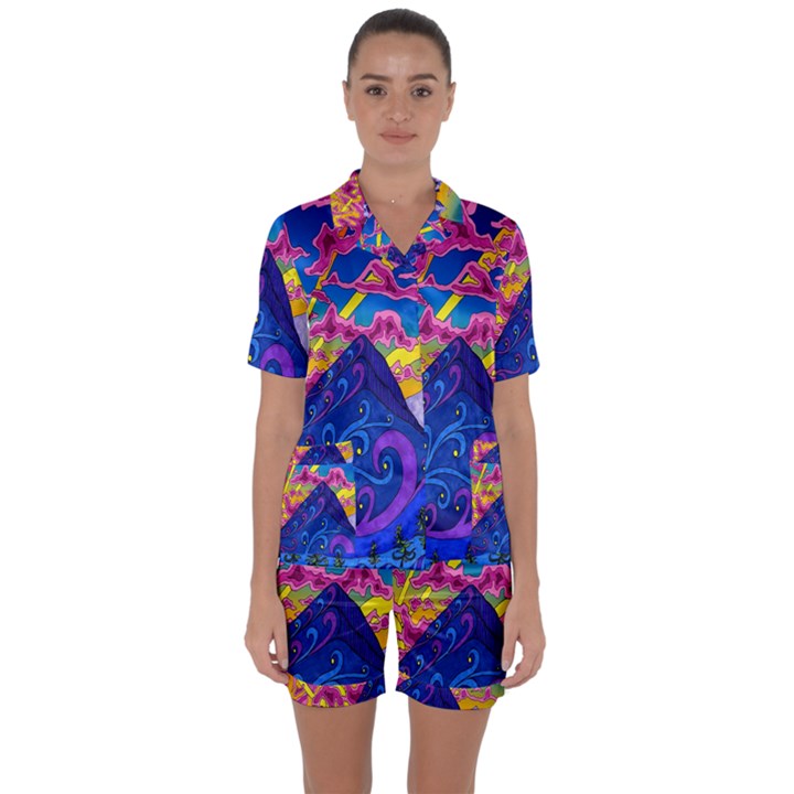 Blue And Purple Mountain Painting Psychedelic Colorful Lines Satin Short Sleeve Pajamas Set