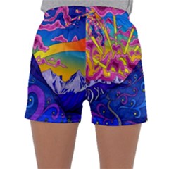 Blue And Purple Mountain Painting Psychedelic Colorful Lines Sleepwear Shorts by Bedest