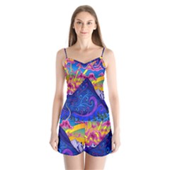 Blue And Purple Mountain Painting Psychedelic Colorful Lines Satin Pajamas Set by Bedest