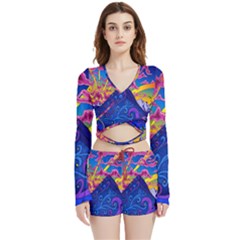 Blue And Purple Mountain Painting Psychedelic Colorful Lines Velvet Wrap Crop Top And Shorts Set by Bedest