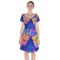 Blue And Purple Mountain Painting Psychedelic Colorful Lines Short Sleeve Bardot Dress by Bedest