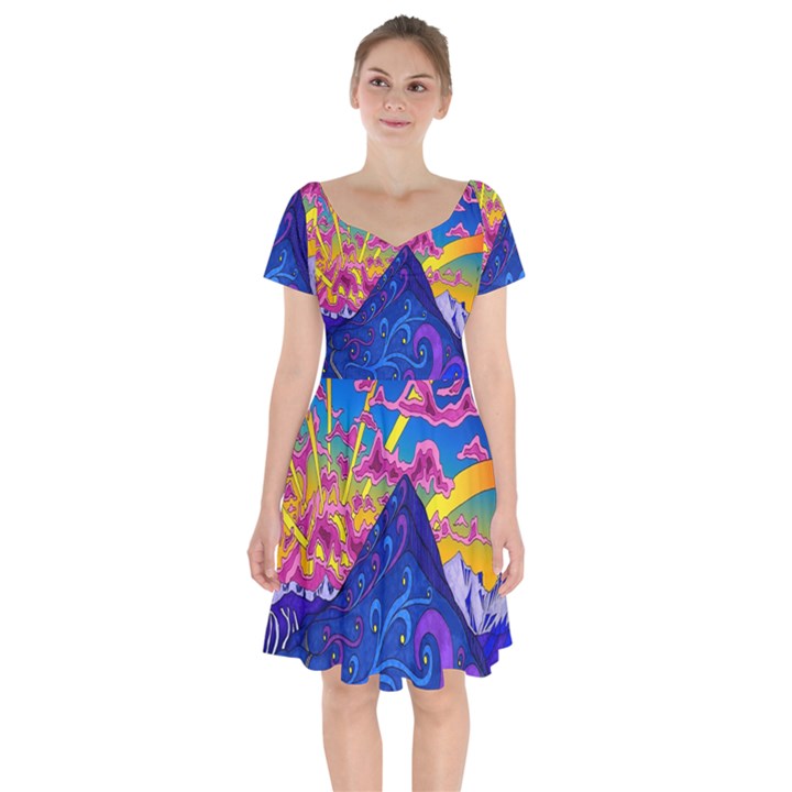 Blue And Purple Mountain Painting Psychedelic Colorful Lines Short Sleeve Bardot Dress