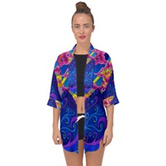 Blue And Purple Mountain Painting Psychedelic Colorful Lines Open Front Chiffon Kimono by Bedest