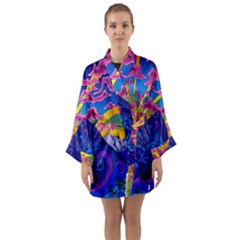 Blue And Purple Mountain Painting Psychedelic Colorful Lines Long Sleeve Satin Kimono by Bedest