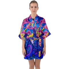 Blue And Purple Mountain Painting Psychedelic Colorful Lines Half Sleeve Satin Kimono  by Bedest