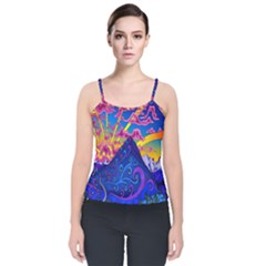 Blue And Purple Mountain Painting Psychedelic Colorful Lines Velvet Spaghetti Strap Top by Bedest