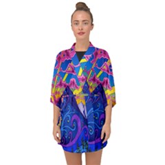 Blue And Purple Mountain Painting Psychedelic Colorful Lines Half Sleeve Chiffon Kimono by Bedest