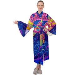 Blue And Purple Mountain Painting Psychedelic Colorful Lines Maxi Velvet Kimono by Bedest