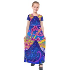 Blue And Purple Mountain Painting Psychedelic Colorful Lines Kids  Short Sleeve Maxi Dress by Bedest