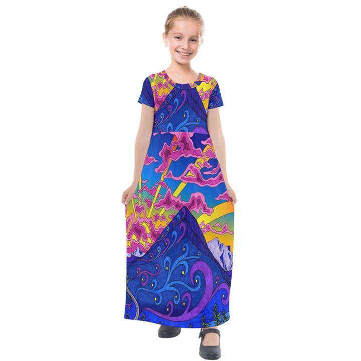 Blue And Purple Mountain Painting Psychedelic Colorful Lines Kids  Short Sleeve Maxi Dress