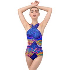 Blue And Purple Mountain Painting Psychedelic Colorful Lines Cross Front Low Back Swimsuit by Bedest