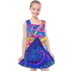 Blue And Purple Mountain Painting Psychedelic Colorful Lines Kids  Cross Back Dress by Bedest