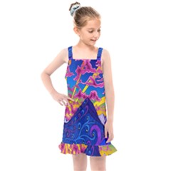 Blue And Purple Mountain Painting Psychedelic Colorful Lines Kids  Overall Dress by Bedest