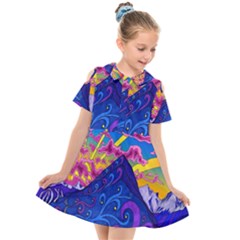 Blue And Purple Mountain Painting Psychedelic Colorful Lines Kids  Short Sleeve Shirt Dress by Bedest