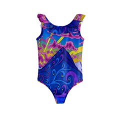 Blue And Purple Mountain Painting Psychedelic Colorful Lines Kids  Frill Swimsuit by Bedest