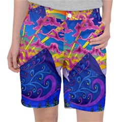 Blue And Purple Mountain Painting Psychedelic Colorful Lines Women s Pocket Shorts by Bedest