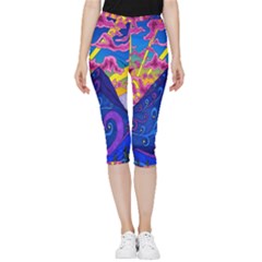 Blue And Purple Mountain Painting Psychedelic Colorful Lines Inside Out Lightweight Velour Capri Leggings  by Bedest