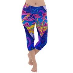 Blue And Purple Mountain Painting Psychedelic Colorful Lines Lightweight Velour Capri Yoga Leggings by Bedest