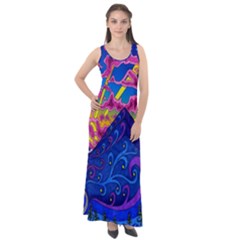 Blue And Purple Mountain Painting Psychedelic Colorful Lines Sleeveless Velour Maxi Dress by Bedest