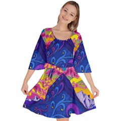 Blue And Purple Mountain Painting Psychedelic Colorful Lines Velour Kimono Dress by Bedest