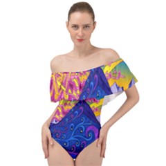 Blue And Purple Mountain Painting Psychedelic Colorful Lines Off Shoulder Velour Bodysuit  by Bedest