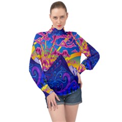 Blue And Purple Mountain Painting Psychedelic Colorful Lines High Neck Long Sleeve Chiffon Top