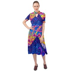 Blue And Purple Mountain Painting Psychedelic Colorful Lines Keyhole Neckline Chiffon Dress by Bedest