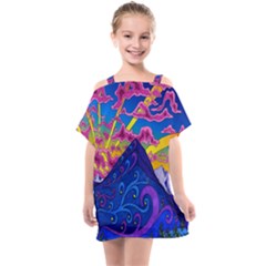 Blue And Purple Mountain Painting Psychedelic Colorful Lines Kids  One Piece Chiffon Dress by Bedest