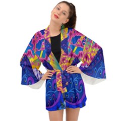 Blue And Purple Mountain Painting Psychedelic Colorful Lines Long Sleeve Kimono by Bedest