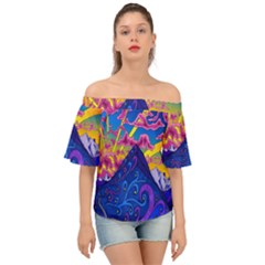 Blue And Purple Mountain Painting Psychedelic Colorful Lines Off Shoulder Short Sleeve Top by Bedest