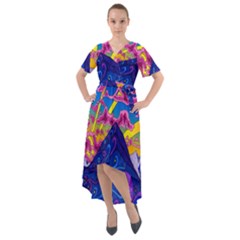 Blue And Purple Mountain Painting Psychedelic Colorful Lines Front Wrap High Low Dress by Bedest