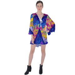 Blue And Purple Mountain Painting Psychedelic Colorful Lines V-neck Flare Sleeve Mini Dress by Bedest