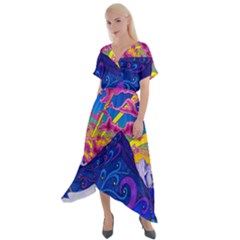 Blue And Purple Mountain Painting Psychedelic Colorful Lines Cross Front Sharkbite Hem Maxi Dress by Bedest