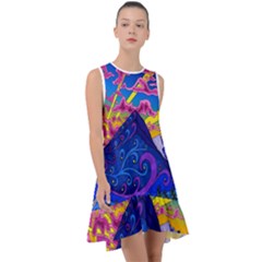 Blue And Purple Mountain Painting Psychedelic Colorful Lines Frill Swing Dress by Bedest