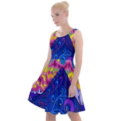 Blue And Purple Mountain Painting Psychedelic Colorful Lines Knee Length Skater Dress by Bedest