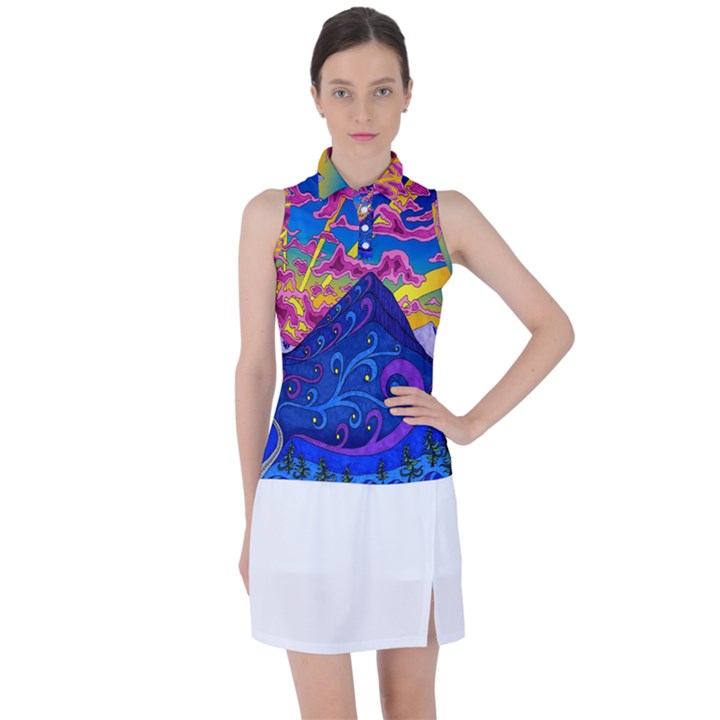 Blue And Purple Mountain Painting Psychedelic Colorful Lines Women s Sleeveless Polo T-Shirt