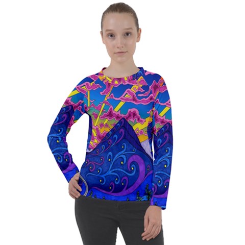 Blue And Purple Mountain Painting Psychedelic Colorful Lines Women s Long Sleeve Raglan T-shirt by Bedest